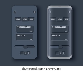 Neumorph dark UI kit on sample smartphone screen. Menu with switches and messages. Light color set. Skeuomorph Trend Design. Workflow UX smart technology applications. Vector illustration.