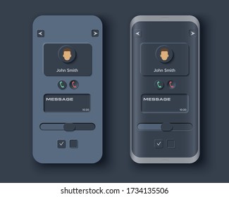 Neumorph UI dark kit on sample smartphone screen. Menu with switches and messages. Light color set. Skeuomorph Trend Design. Workflow UX smart technology applications. Vector illustration.