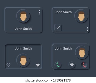Diseño oscuro del kit de interfaz de usuario de Neumorph. Libreta telefónica y lista de contactos. Conjunto de colores claros. Diseño de Tendencias Skeuomorph. Ilustración vectorial.