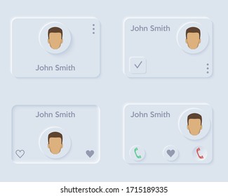 Diseño del kit de interfaz de usuario de Neumorph. Libreta telefónica y lista de contactos. Color claro. Diseño de tendencia de Skeuomorph. Ilustración vectorial.