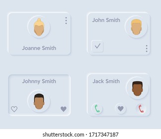 Neumorph UI Kit Layout. Phone Book And Contact List. Light Color Set. Skeuomorph Trend Design. Vector Illustration.