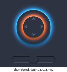 Neumorph UI kit with manipulator and switcher. Dark color set. Workflow graphic elements in Skeuomorph Trend Design. Circular Elements for smart technology applications. Vector illustration.