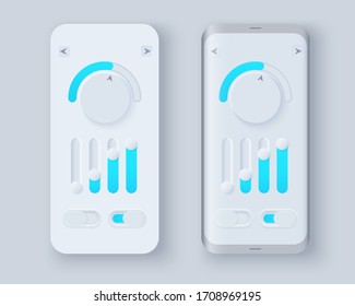 Neumorph UI kit on sample smartphone screen. Volume Knob with slider bar and switches. Light color set. Workflow UX smart technology applications. Vector illustration.