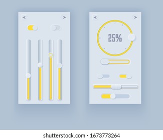 Neumorph UI kit. Percent Volume Knob with slider bar and switches with buttons. Light color set. Skeuomorph Trend Design. Workflow Elements for smart technology applications. Vector illustration.