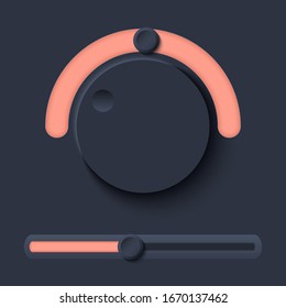 Neumorph UI Kit mit Volume Knob und Schieberegler. Dunkles Farbset. Workflow-grafische Elemente im Skeuomorph Trend Design. Circular Elements for smart technology applications. Vektorillustration.