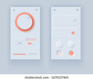 Neumorph UI kit. Volume Knob with slider bar and switches with buttons. Light color set. Skeuomorph Trend Design. Workflow Elements for smart technology applications. Vector illustration.