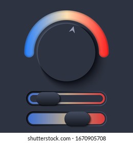 Neumorph UI Kit mit Volume Knob und Slider. Dunkles Farbset. Workflow-Temperaturregelung in Skeuomorph Trend Design. Circular Elements for smart technology applications. Vektorillustration.