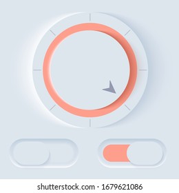 Neumorph UI kit with Volume Knob and switches. Light set. Workflow Control and navigation elements in Skeuomorph Trend. Design for smart technology applications. Vector illustration.