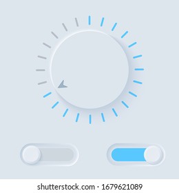 Neumorph UI kit with Volume Knob and switches. Light set. Workflow Control and navigation elements in Skeuomorph Trend. Design for smart technology applications. Vector illustration.