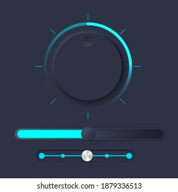 Neumorph UI kit with Volume Knob and slider. Dark color set. Workflow graphic elements in Skeuomorph Trend Design. Circular Elements for smart technology applications. Vector illustration.