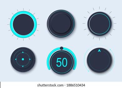 Neumorph UI kit with Volume Knob and switches. Light set. Workflow Control and navigation elements in Skeuomorph Trend. Design for smart technology applications. Vector illustration.