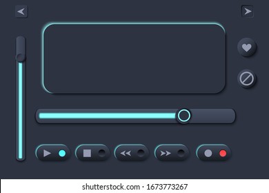 Neumorph UI Player kit with buttons and slider and switches. Dark set. Workflow Control and navigation elements in Skeuomorph Trend. Design for smart technology applications. Vector illustration.