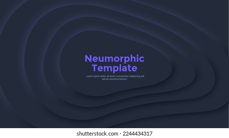 Neumorphic background or backdrop with curved layered central element. Simple dark paper black design template with place for text. Modern vector illustration for corporate presentation, banner.