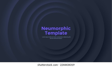 Neumorphic background or backdrop with round concentric elements. Minimal abstract dark paper black design template with circular ripple waves. Simple modern vector illustration for company banner.