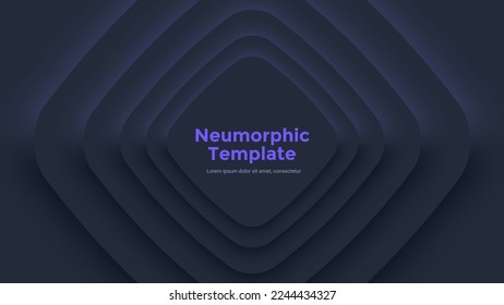 Neumorphic background or frame with square ripples. Modern dark paper black design template with central rectangular elements. Minimal vector illustration for business report, corporate presentation.