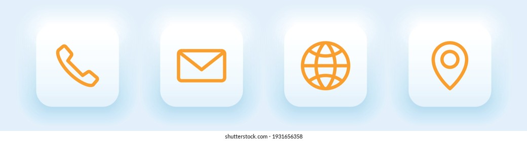 Neumorphic business card icons set, phone, email, location, website

