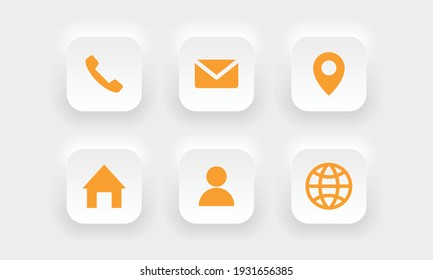 Neumorphic business card icons set, phone, email, location, website

