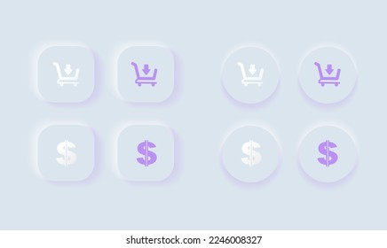 Neumorphic Button, cart and 
dollar button vector set. Continuous 3D realistic virtual style in white tone, player button set, technology and online streaming buttons, sign and symbol.