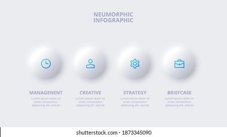 Neumorphic button element for infographic. Template for diagram, graph, presentation and chart. Skeuomorph concept with 4 options, parts, steps or processes.