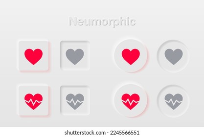 Neumorphic Button, heart button vector set. Continuous 3D realistic virtual style in white tone, player button set, technology and online streaming buttons, technology illustration, sign and symbol.