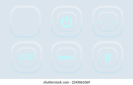 Botón Neumórfico, conjunto de vectores del botón del jugador. Estilo virtual 3D realista continuo en tono blanco, juego de botones de jugador, tecnología y botones de streaming online, ilustración tecnológica, signo y símbolo.