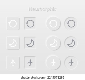 Neumorphic Button, 
restart and sleep and airplan button vector set. Continuous 3D realistic virtual style in white tone, player button set, technology and online streaming buttons, sign and symbol.