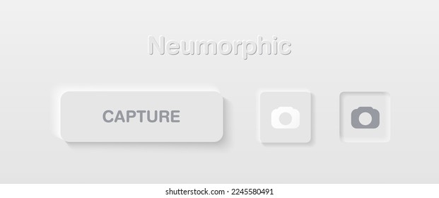 Neumorphic Button, take a photo or capture  button vector set. Continuous 3D realistic virtual style in white tone, player button set, technology and online streaming buttons, sign and symbol.