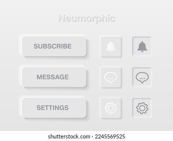 Neumorphic Button, warn and message and settings button vector set. Continuous 3D realistic virtual style in white tone, player button set, technology and online streaming buttons.