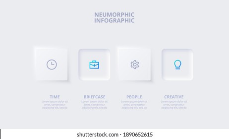 Neumorphic buttons for infographic. Template for diagram, graph, presentation and chart. Skeuomorph concept with 4 options, parts, steps or processes.