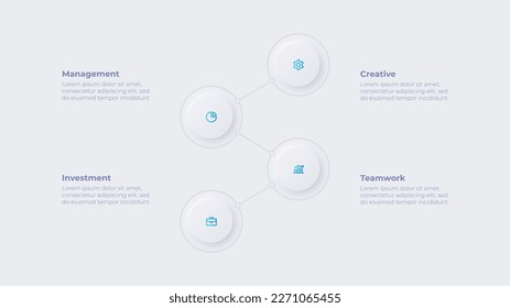 Neumorphic circle elements for infographic. Skeuomorph concept with 4 options, parts, steps or processes