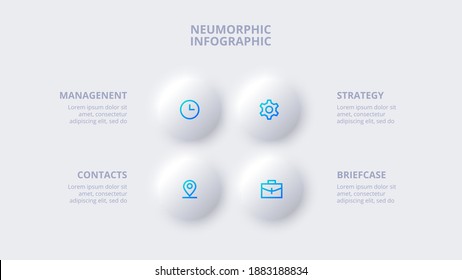 Neumorphic circle elements for infographic. Template for diagram, graph, presentation and chart. Skeuomorph concept with 4 options, parts, steps or processes.