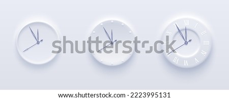 Neumorphic clocks on light background. Three clock faces, vector neumorphism.