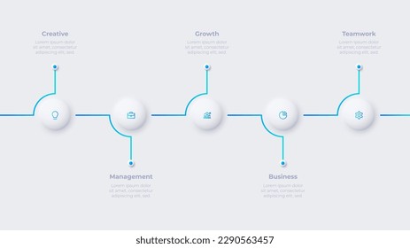Neumorphes Konzept des Entwicklungsprozesses mit 5 Optionen. Infografische Zeitachse