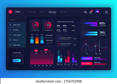 Neumorphes Dashboard-UI-Kit. Admin Panel Vektordesign-Vorlage mit Infografiken, HUD-Diagramm, Infografiken. Website-Dashboard für UI und UX Design-Webseite. Neumorphismus-Stil.