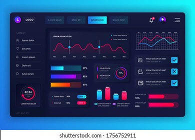 Neumorphes Dashboard-UI-Kit. Admin Panel Vektordesign-Vorlage mit Infografiken, HUD-Diagramm, Infografiken. Website-Dashboard für UI und UX Design-Webseite. Neumorphismus-Stil.