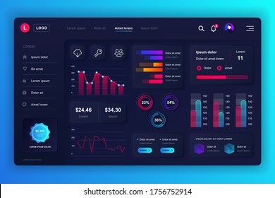 Neumorphes Dashboard-UI-Kit. Admin Panel Vektordesign-Vorlage mit Infografiken, HUD-Diagramm, Infografiken. Website-Dashboard für UI und UX Design-Webseite. Neumorphismus-Stil.