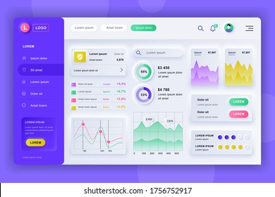 Neumorphic dashboard UI kit. Admin panel vector design template with infographic elements, HUD diagram, info graphics. Website dashboard for UI and UX design web page. Neumorphism style.