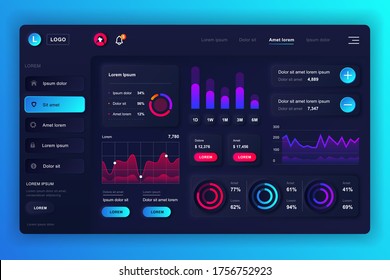 Neumorphes Dashboard-UI-Kit. Admin Panel Vektordesign-Vorlage mit Infografiken, HUD-Diagramm, Infografiken. Website-Dashboard für UI und UX Design-Webseite. Neumorphismus-Stil.