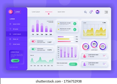 Neumorphes Dashboard-UI-Kit. Admin Panel Vektordesign-Vorlage mit Infografiken, HUD-Diagramm, Infografiken. Website-Dashboard für UI und UX Design-Webseite. Neumorphismus-Stil.