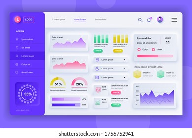Neumorphic dashboard UI kit. Admin panel vector design template with infographic elements, HUD diagram, info graphics. Website dashboard for UI and UX design web page. Neumorphism style.