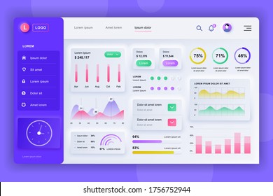 Neumorphic dashboard UI kit. Admin panel vector design template with infographic elements, HUD diagram, info graphics. Website dashboard for UI and UX design web page. Neumorphism style.