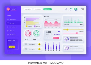 Neumorphes Dashboard-UI-Kit. Admin Panel Vektordesign-Vorlage mit Infografiken, HUD-Diagramm, Infografiken. Website-Dashboard für UI und UX Design-Webseite. Neumorphismus-Stil.