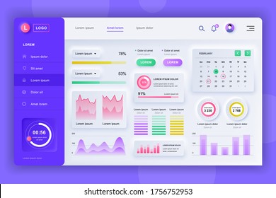 Neumorphic dashboard UI kit. Admin panel vector design template with infographic elements, HUD diagram, info graphics. Website dashboard for UI and UX design web page. Neumorphism style.