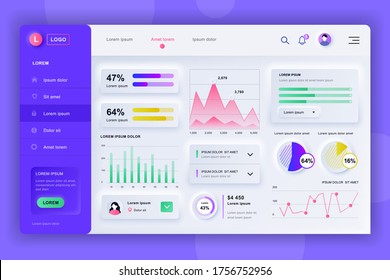 Neumorphic dashboard UI kit. Admin panel vector design template with infographic elements, HUD diagram, info graphics. Website dashboard for UI and UX design web page. Neumorphism style.