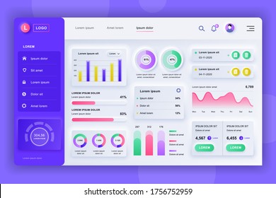 Neumorphes Dashboard-UI-Kit. Admin Panel Vektordesign-Vorlage mit Infografiken, HUD-Diagramm, Infografiken. Website-Dashboard für UI und UX Design-Webseite. Neumorphismus-Stil.