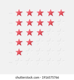 Neumorphic Design UI Elements 3D Vector Red Stars Five Point Rating System On White Background. Abstract Neumorphism Design Star Icons Set Achievement Rank Scale. Customer Product Rating Review