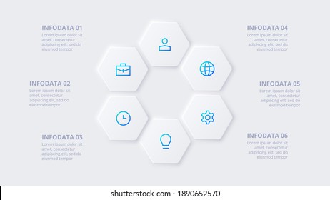 Elemento neumórfico para infografía. Plantilla para diagrama, gráfico, presentación y gráfico. Concepto Skeuomorph con 6 opciones, partes, pasos o procesos.