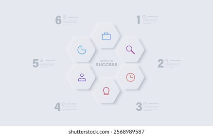 Neumorphic element for infographic. Template for diagram, graph, presentation and chart. 6 Steps or options