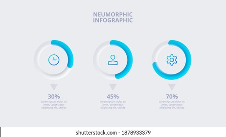 Neumorphic elements for infographic. Template for diagram, graph, presentation and chart. Skeuomorph concept with 3 options, parts, steps or processes.