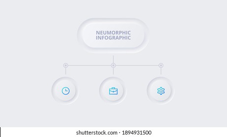 Neumorphic elements for infographic. Template for diagram, graph, presentation and chart. Skeuomorph concept with 3 options, parts, steps or processes.